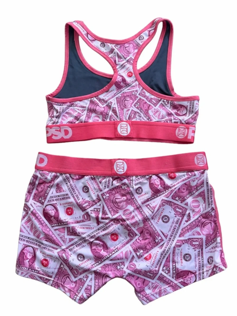 PSD WOMEN M PINK DOLLARS SPORTS BRA & BOY-SHORT SET